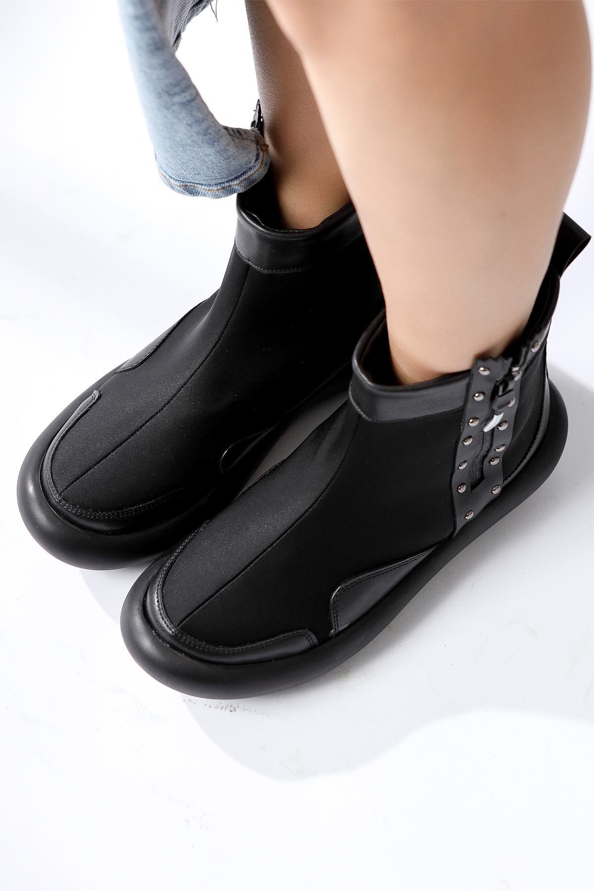 Maeda – Black Neoprene Stud-and-Zipper Detail Boot (Women)