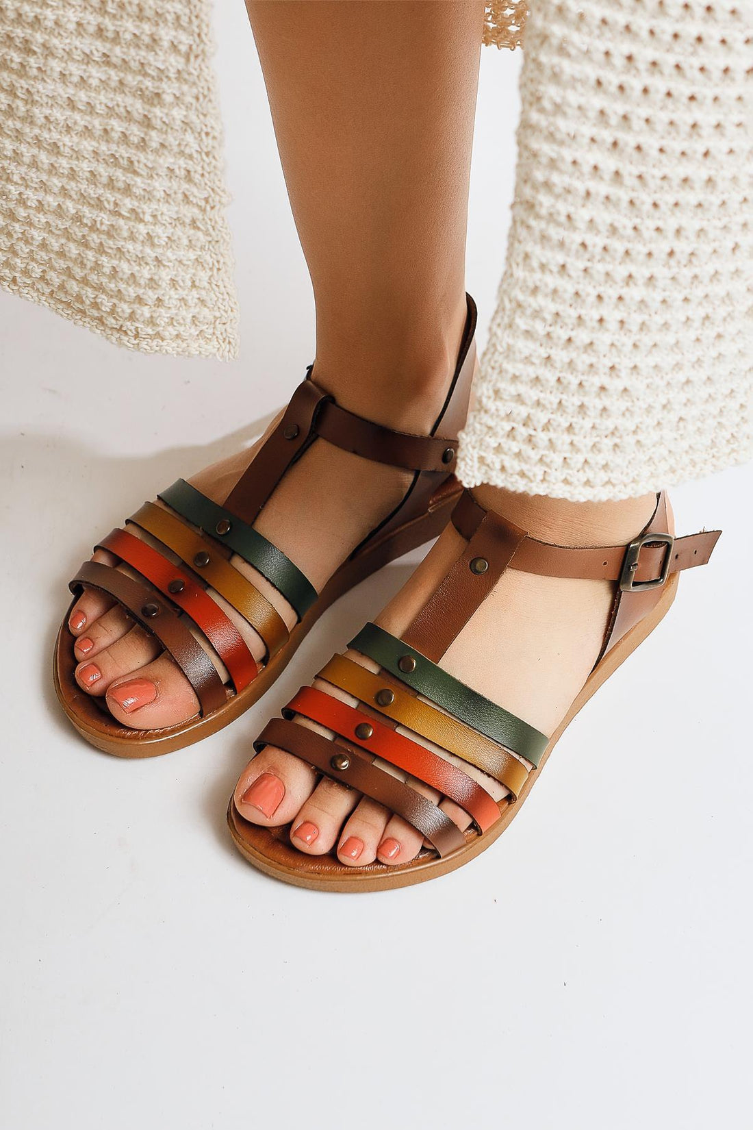 Akira Genuine Leather Taba Four-Strap Sandals