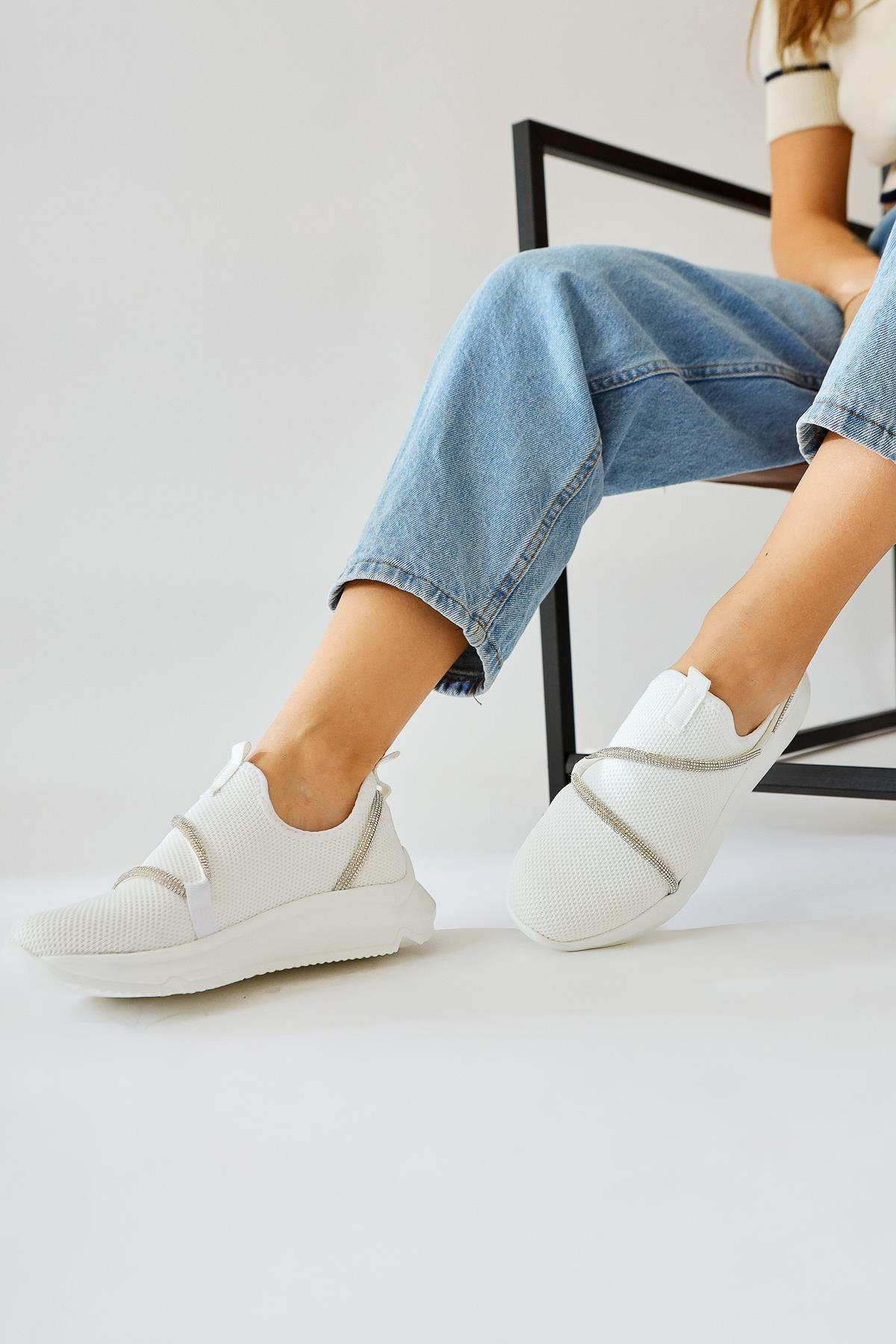 Lorrie White Stone Detailed Sport Shoes