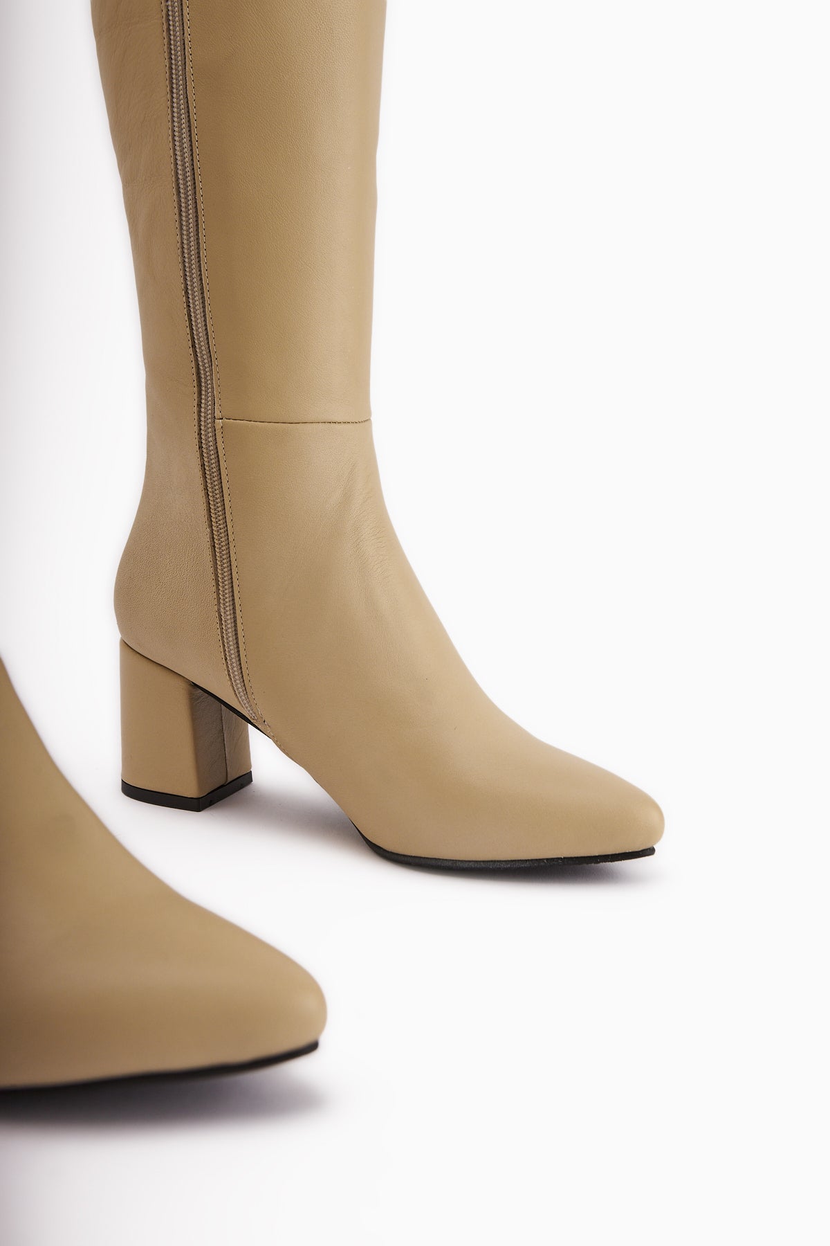 Velma – Genuine Leather Beige Heeled Knee-High Boot (Women)