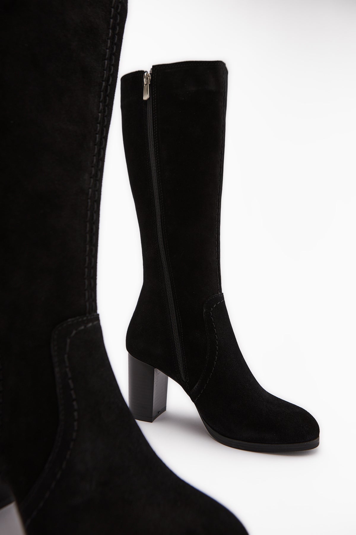 Aleen – Genuine Leather Black Suede Heeled Knee-High Boot (Women)