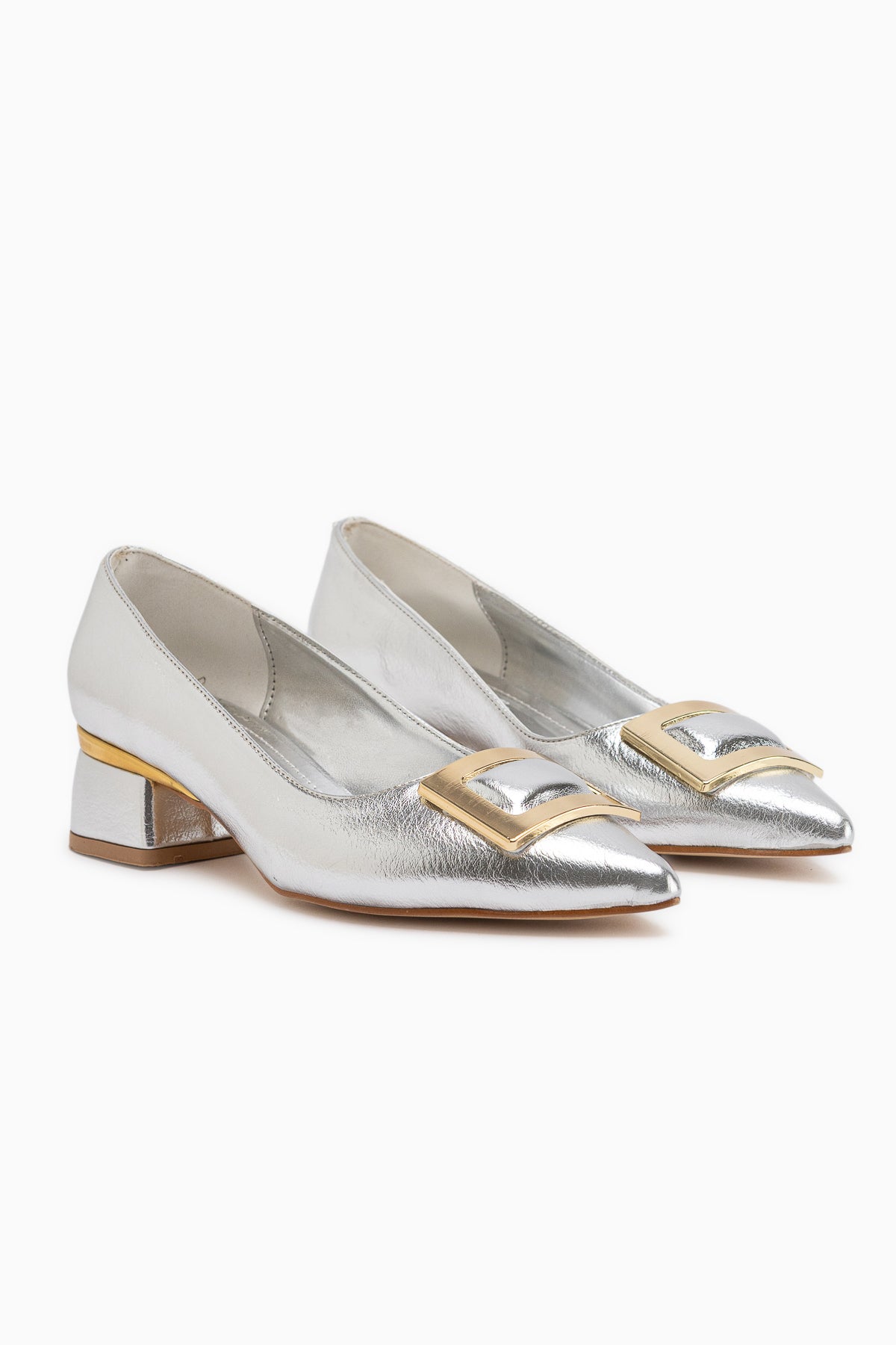 Charoline Silver Buckle Short Heeled Pointed Toe Shoes
