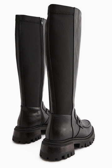 Meli Black Stretch Wide Calf Buckle Detailed Diving Fabric Boots