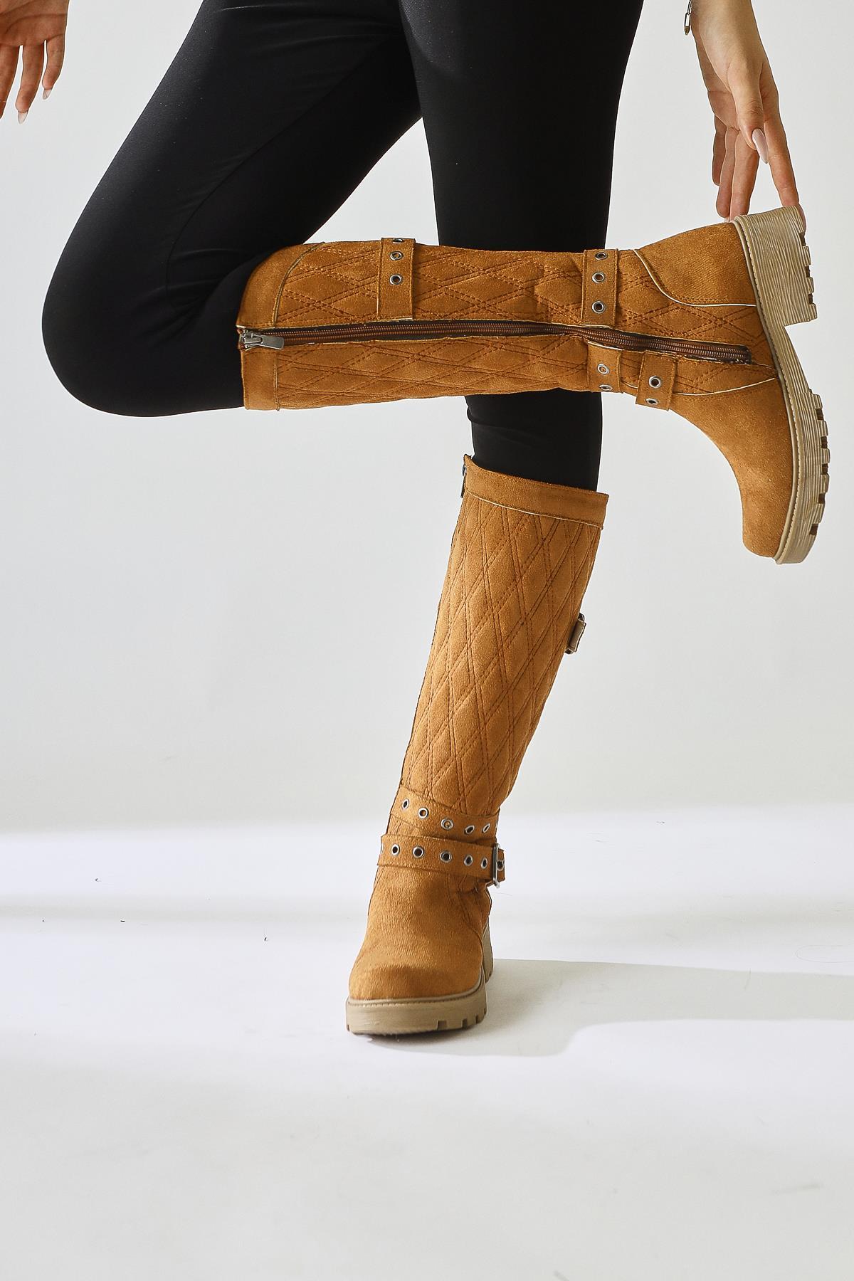 Carma Taba Suede Belt Detail Quilted Stitch Boot