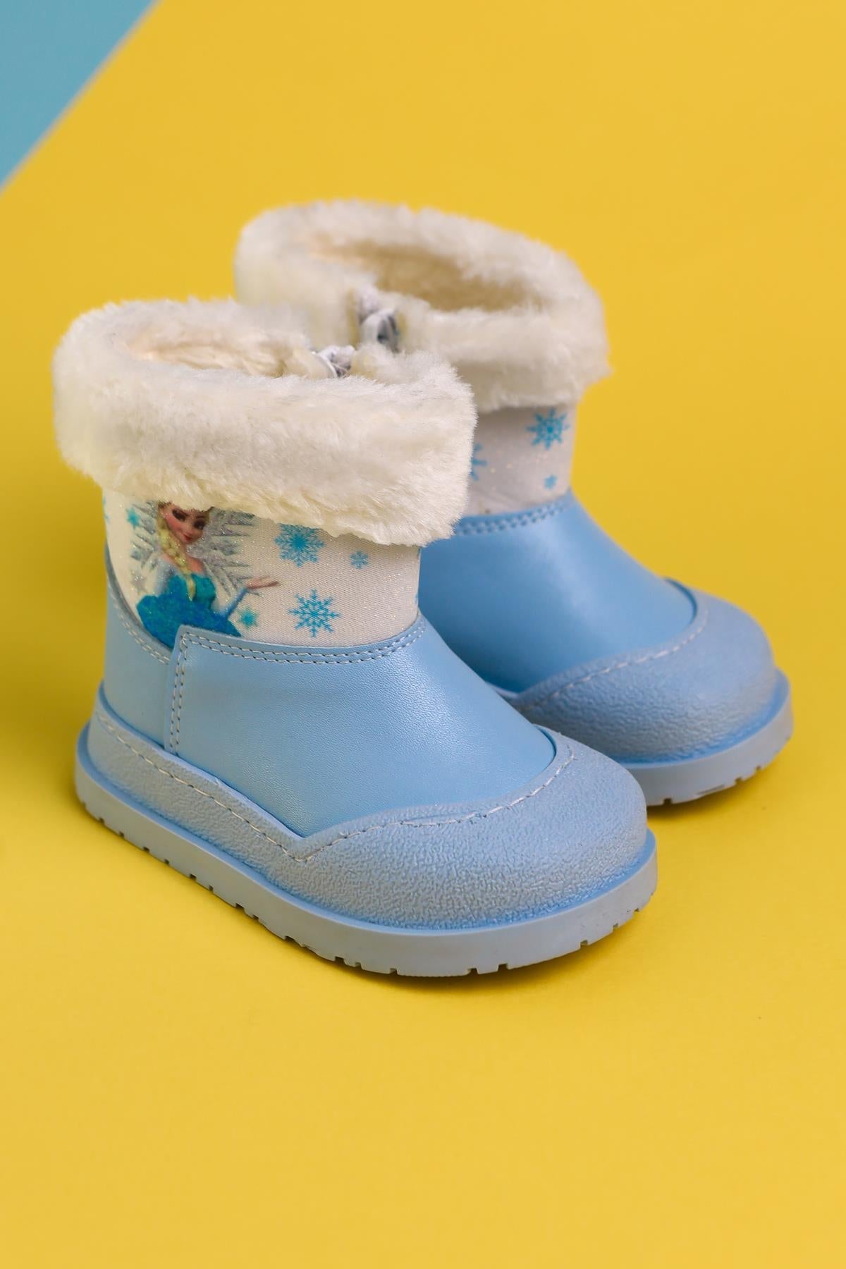 Elea Blue Striped Character Print Furry Lined Baby Boots