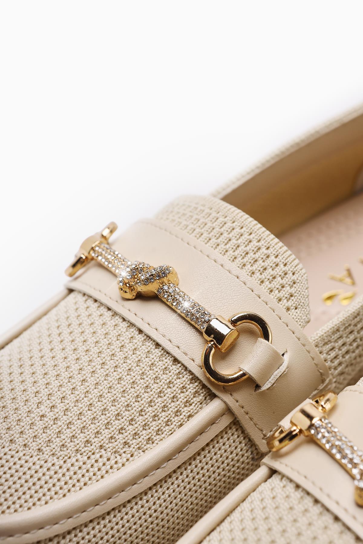 Alea Nude Woven Rhinestone Buckle Detail Casual Shoes