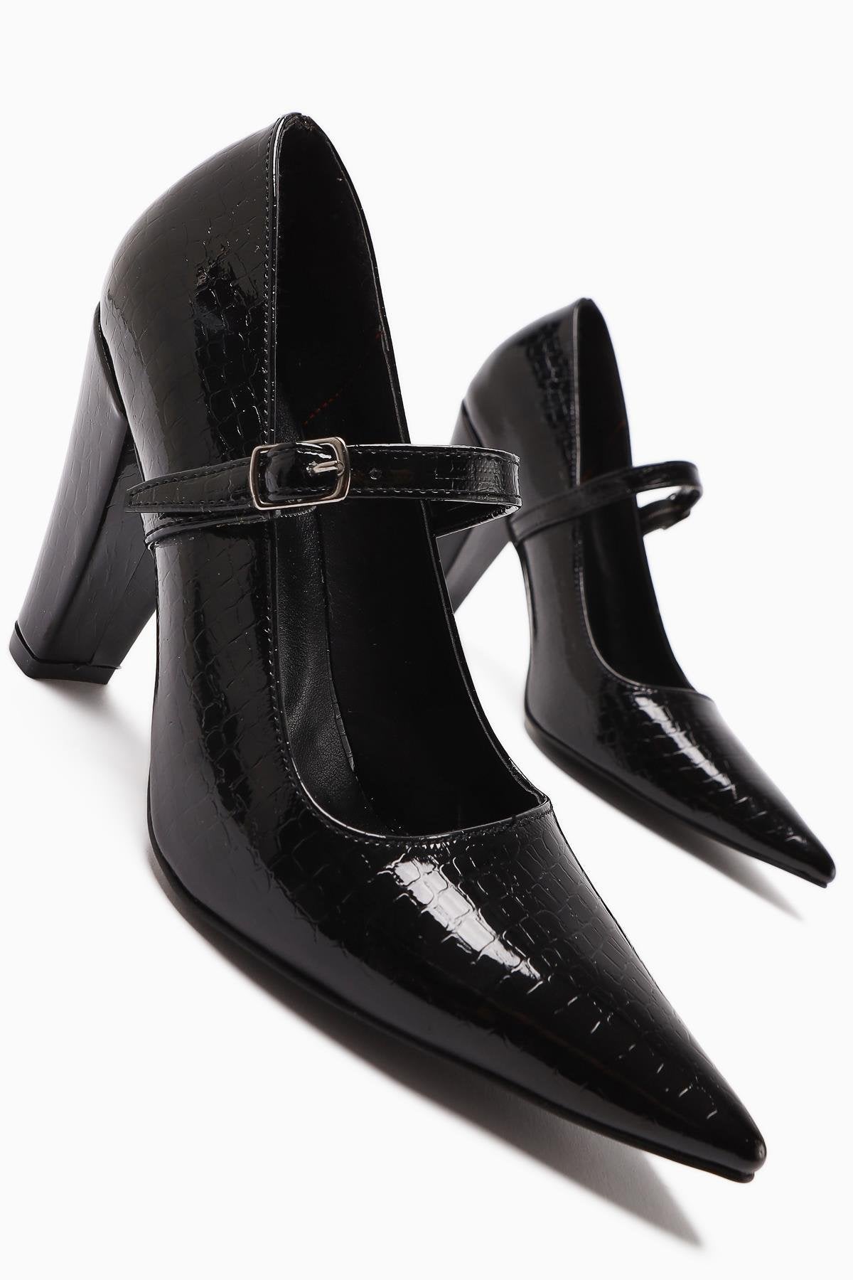 Beate Black Crocodile Leather Print Pointed Toe Heeled Shoes Women’s