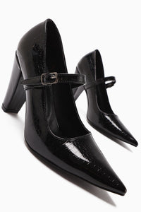 Beate Black Crocodile Leather Print Pointed Toe Heeled Shoes Women’s