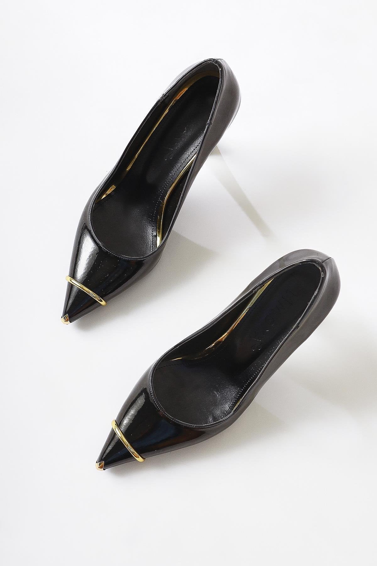 Lelia – Black Patent Vegan Material Metal-Toe Detail Heeled Shoe (Women)