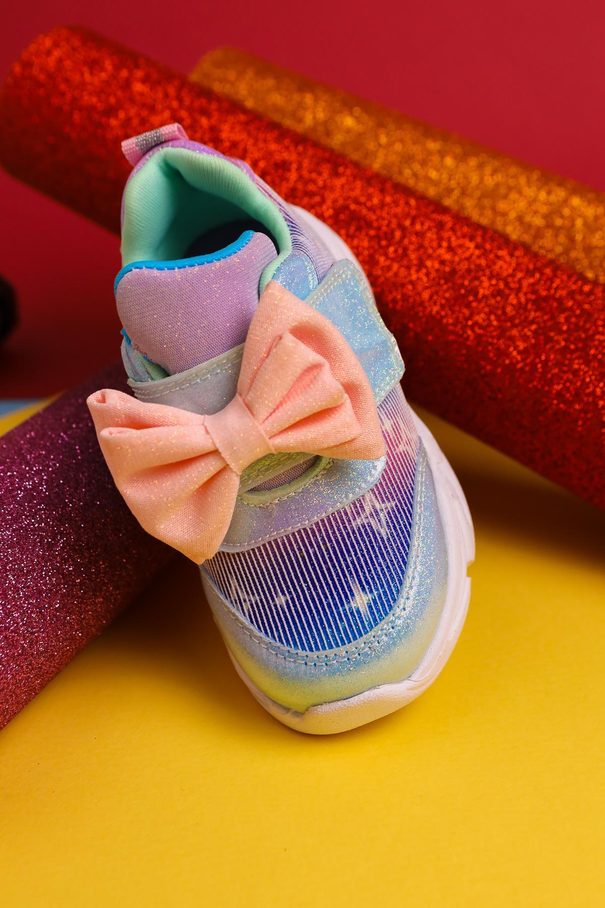 Feliz Turquoise Bow-Detailed Velcro Light-Up Baby Sneakers
