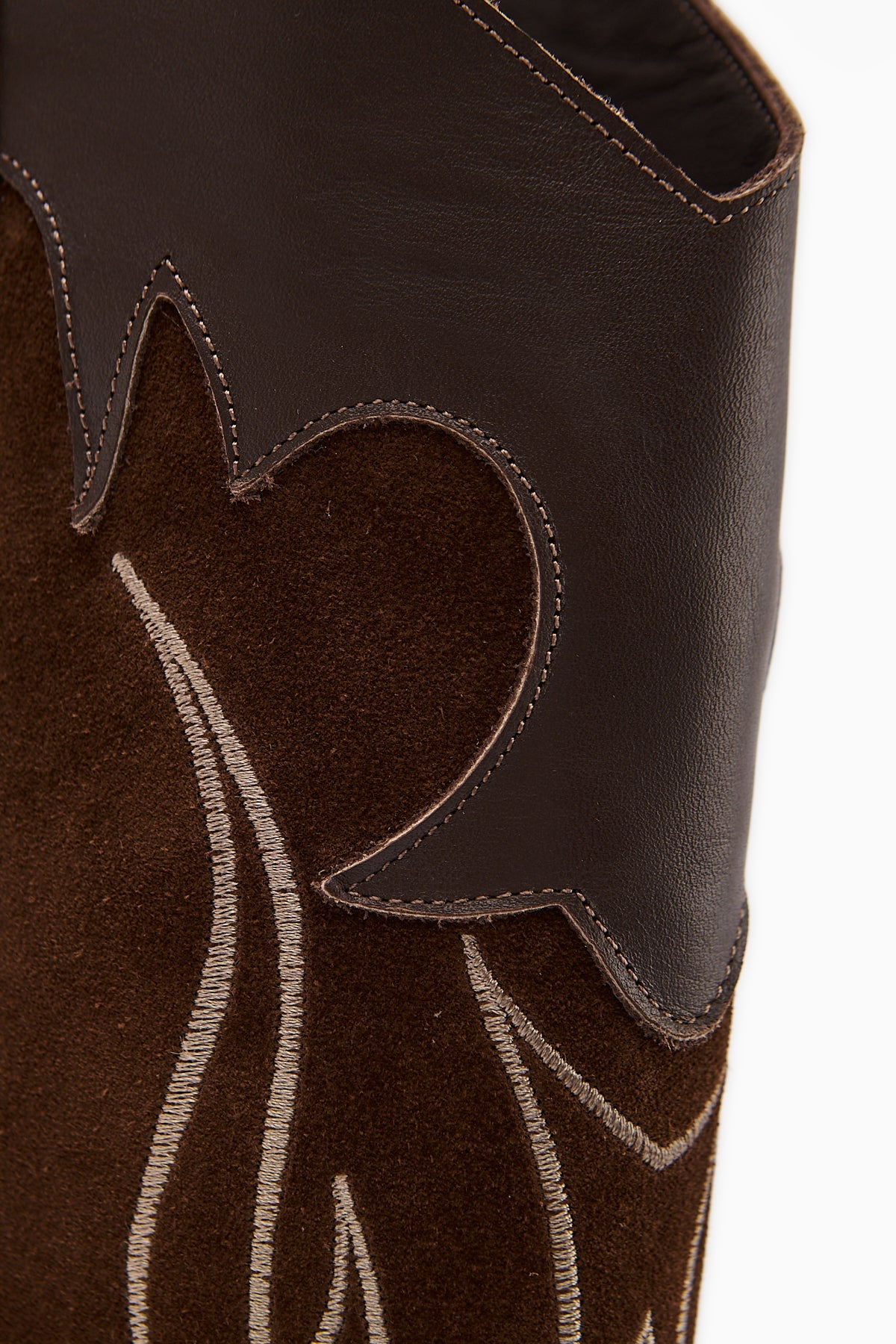 Lara – Genuine Leather Brown Suede-Embroidered Leather-Detail Heeled Western Knee-High Boot (Women)