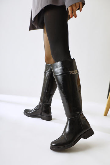 Kanako – Black Patent Accessory-Detail Zippered Low-Heel Knee-High Boot (Women)