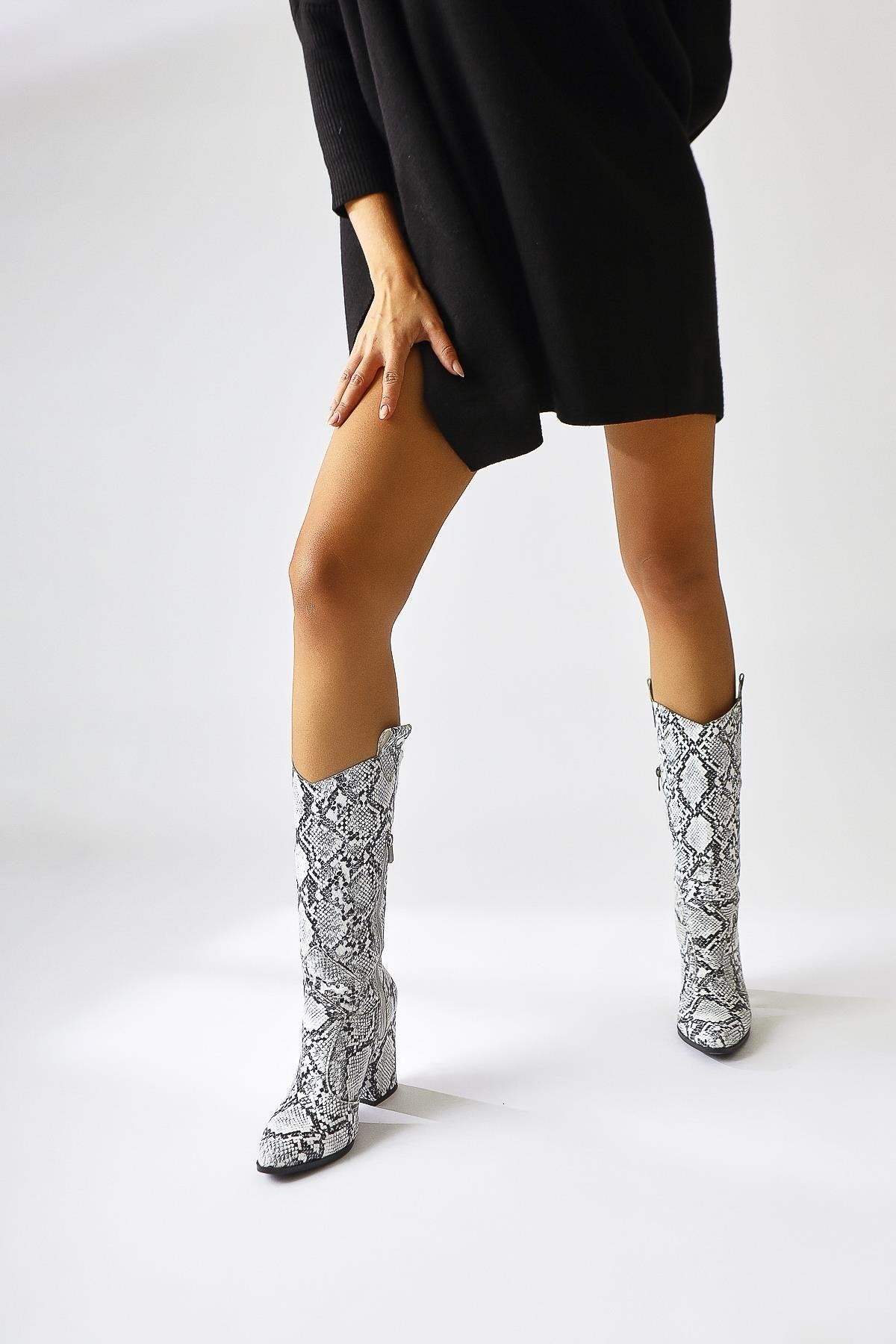 Keri White Snake Pattern Asymmetric Cut Heeled Ankle Boot