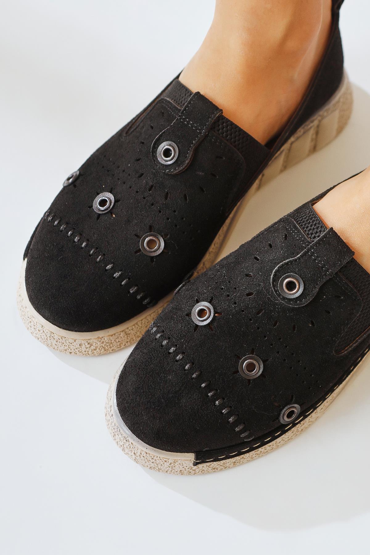 Bethina Black Suede Flat with Rivet Details and Laser Cutouts