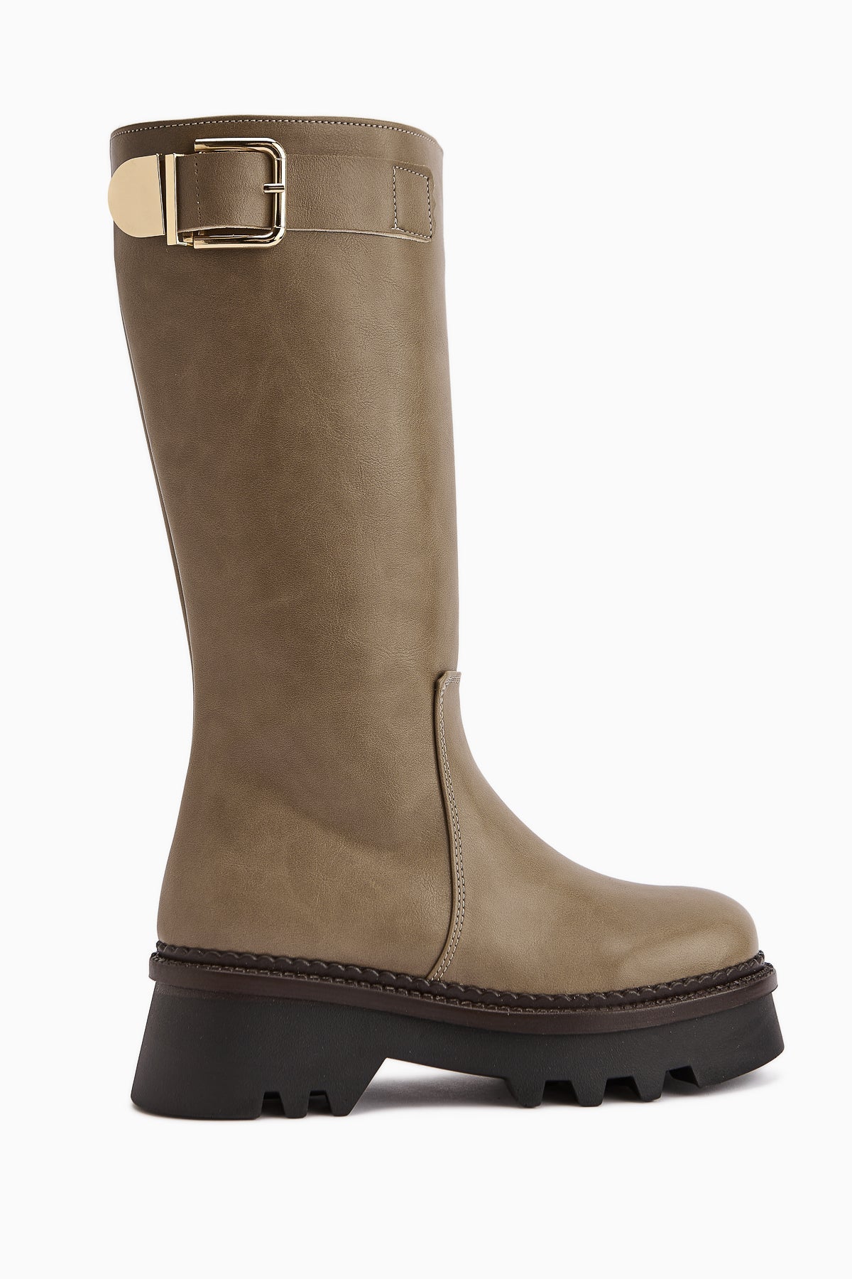 Hely – Taupe Buckle-Detail Platform Knee-High Boot (Women)