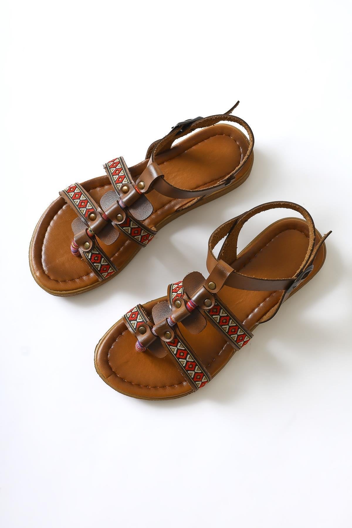 Heam Genuine Leather Ethnic Patterned Sandals in Taba