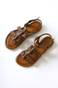 Heam Genuine Leather Ethnic Patterned Sandals in Taba