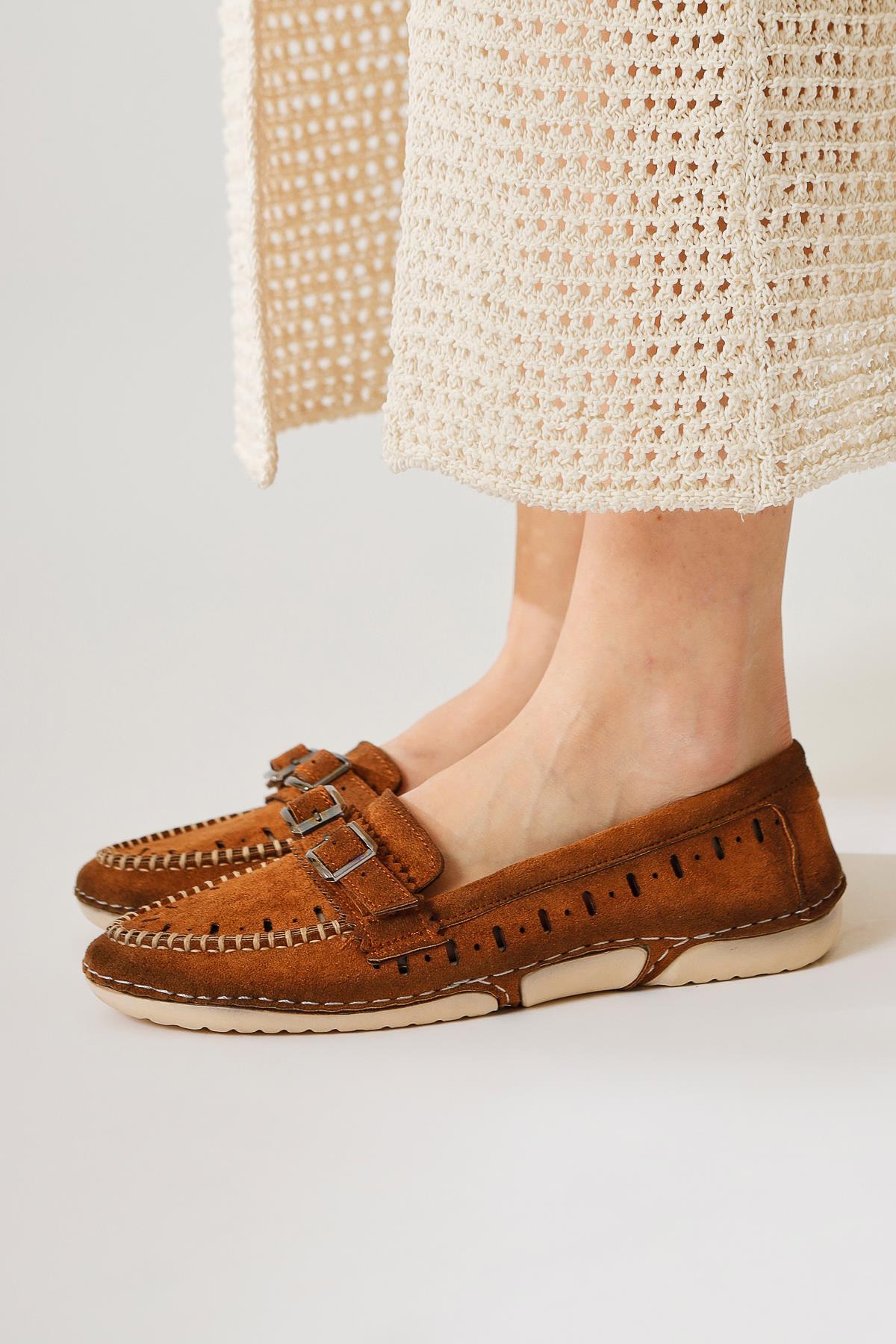 Vidya – Cognac Suede Laser-Cut Double-Buckle-Detail Heeled Ballet Flat (Women)