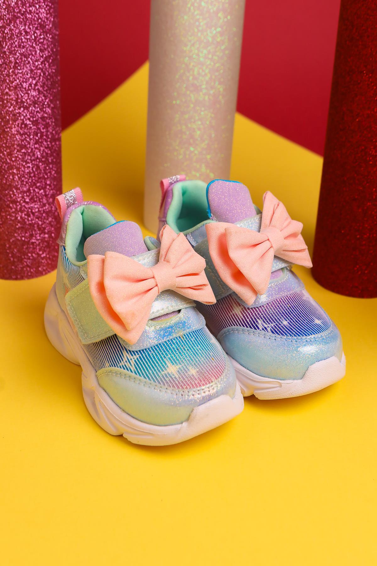 Feliz Turquoise Bow-Detailed Velcro Light-Up Baby Sneakers