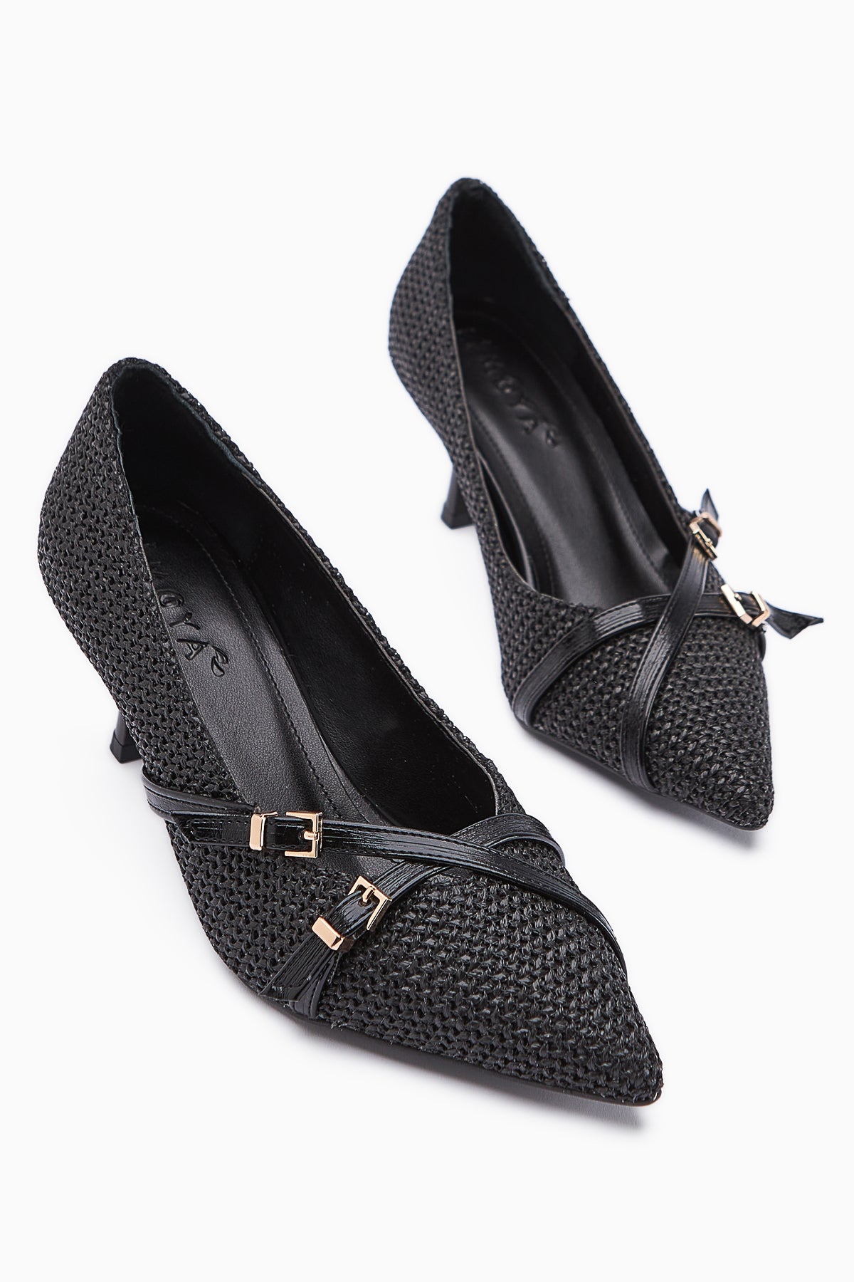 Noran Black Woven Detailed Pointed Toe Women’s Heeled Shoes