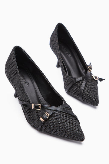 Noran Black Woven Detailed Pointed Toe Women’s Heeled Shoes