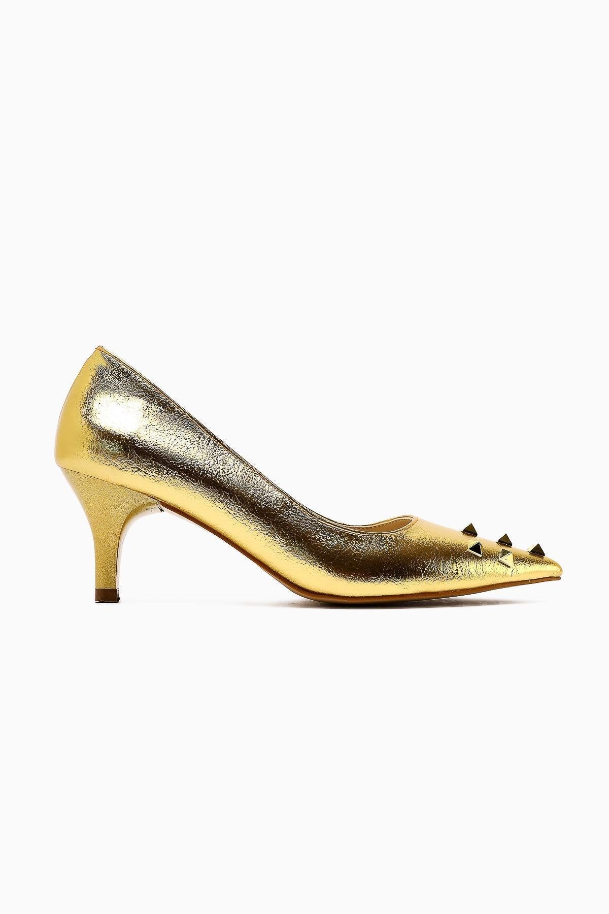 Anni – Gold Shiny Crinkled Patent Pyramid-Studded Heeled Shoe (Women)