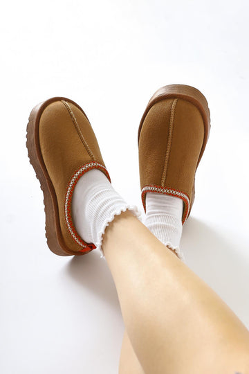 Anne-Liis – Cognac Suede Woven-Detail Winter Slide (Women)