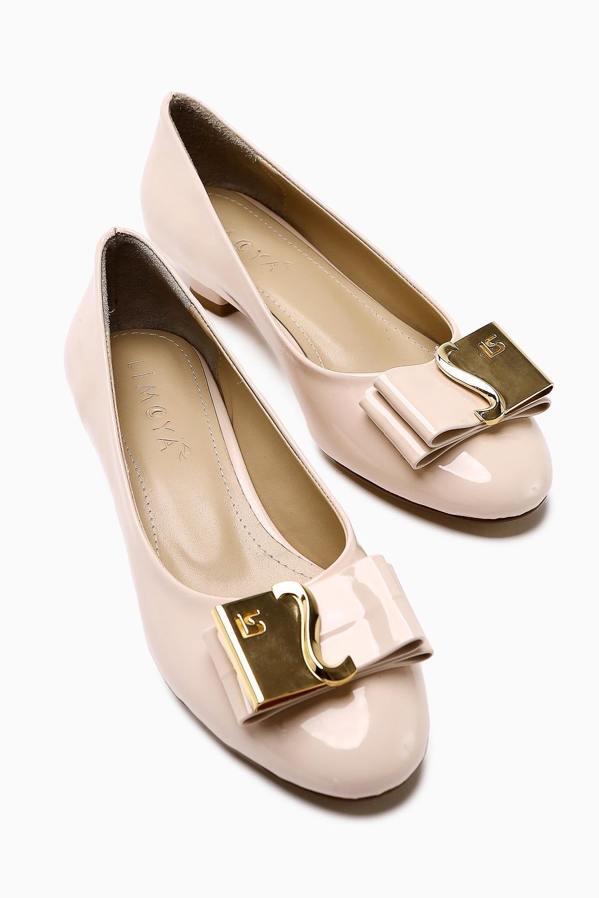 Sian – Beige Patent Buckle-Detail Low Heel Shoe (Women)