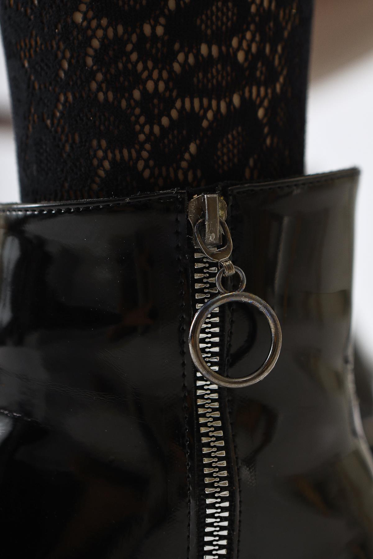 Deyana Black Patent Zipper Accessorized Boots