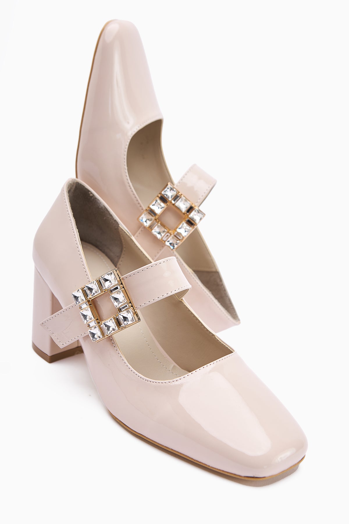 Liss Beige Patent Square-Toed Women’s Heeled Shoes