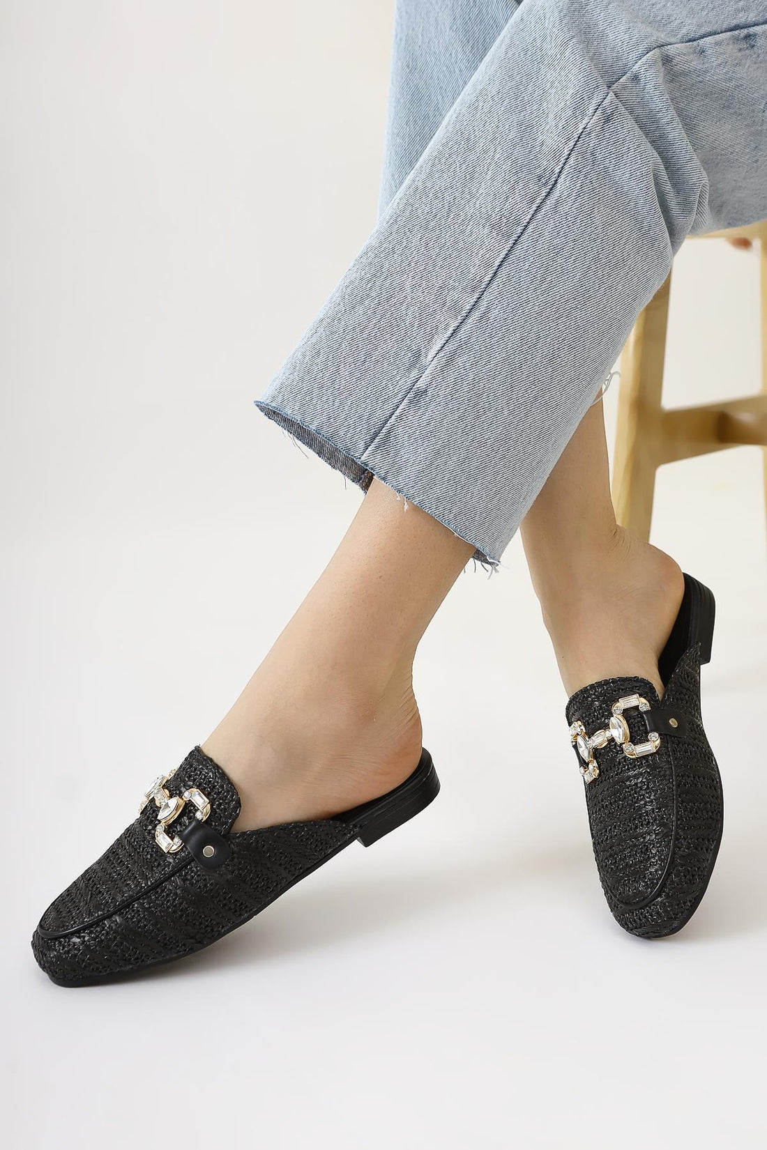 Benny Black Stone-Embellished Woven Slide Sandal