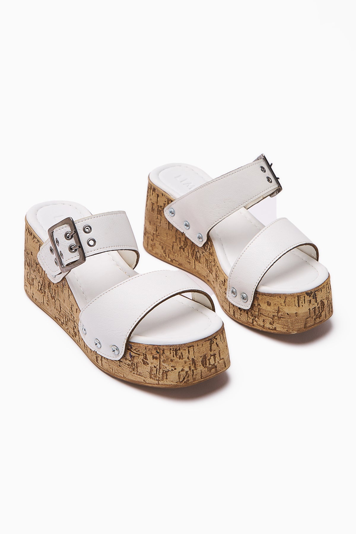 Genet Women's White Slippers with Buckle and Screw Detail