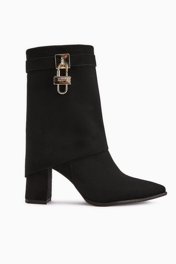 Nisha Black Suede Chunky Heeled Women's Boot with Tassel