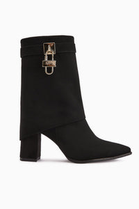 Nisha Black Suede Chunky Heeled Women's Boot with Tassel