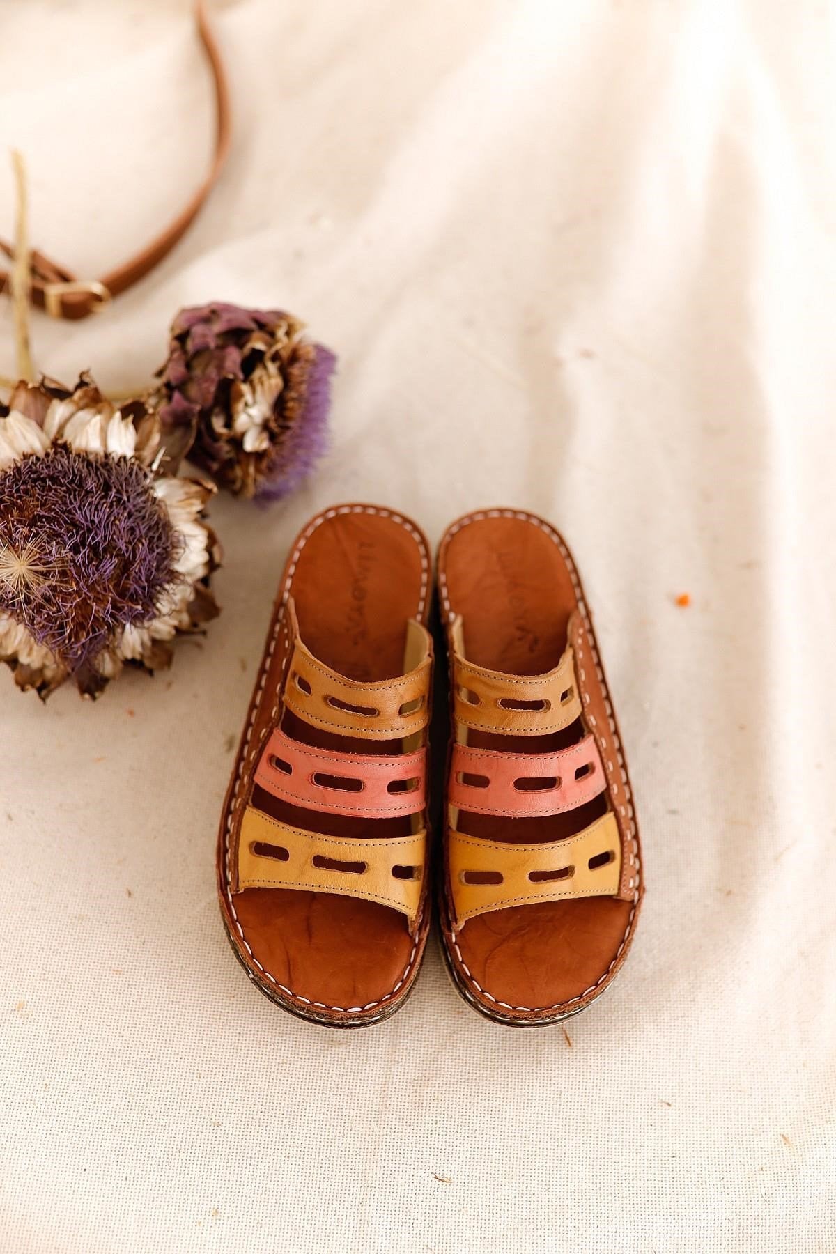 Joelle – Genuine Leather Cognac Mustard Orange Laser-Cut Slide (Women)