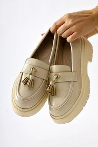 Linni Nude Crinkled Patent Leather Moccasins with Tassels