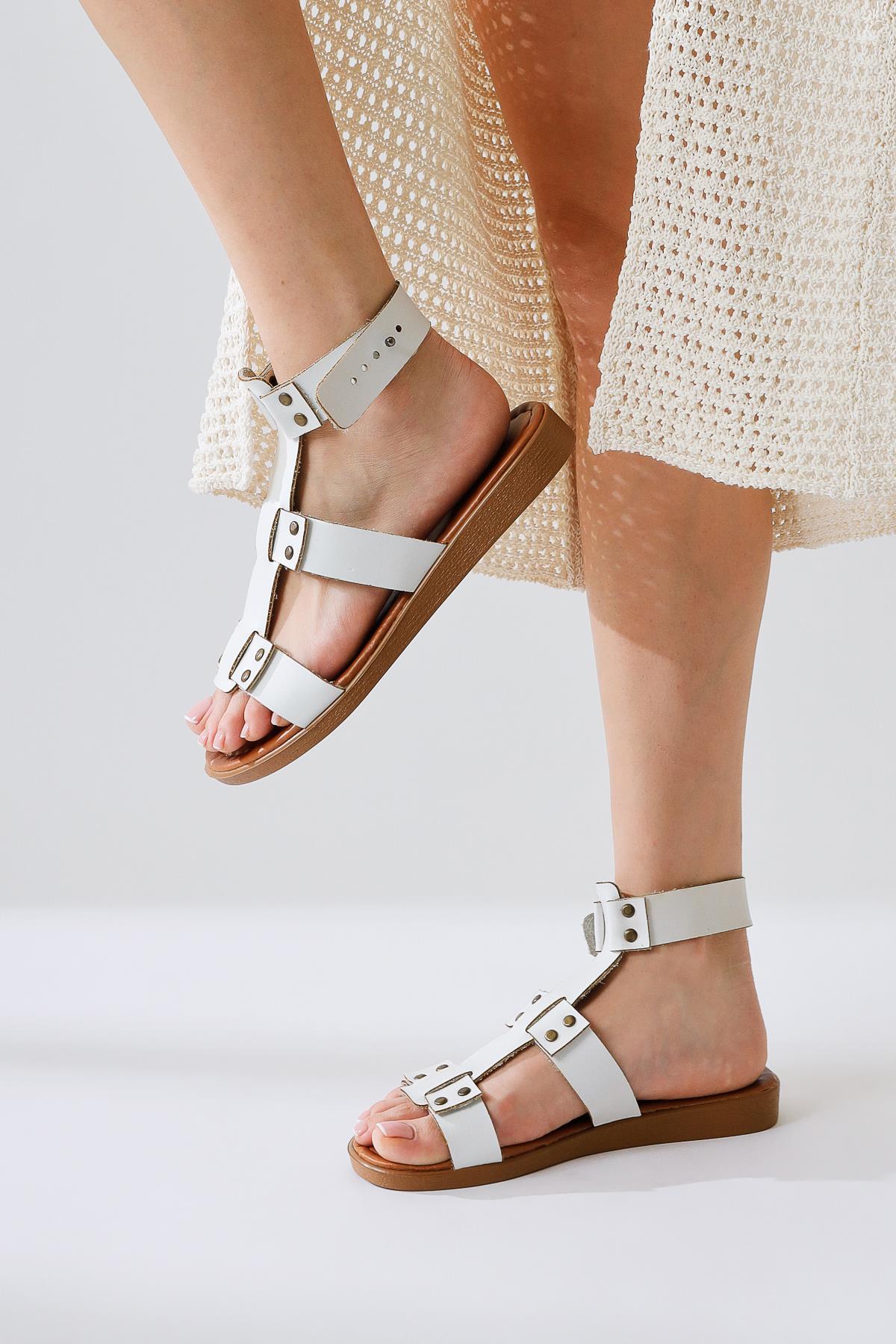 Rayen Genuine Leather White Triple Strap Sandals with Rivet Detail