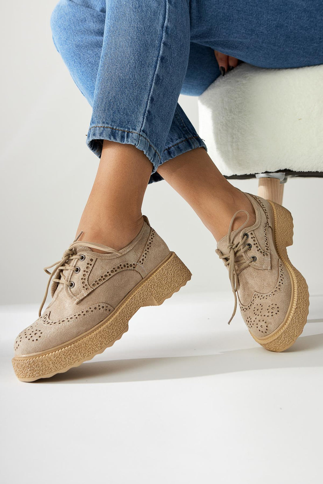 Rossy – Nude Suede Oval-Toe Laser-Cut Everyday Shoe (Women)
