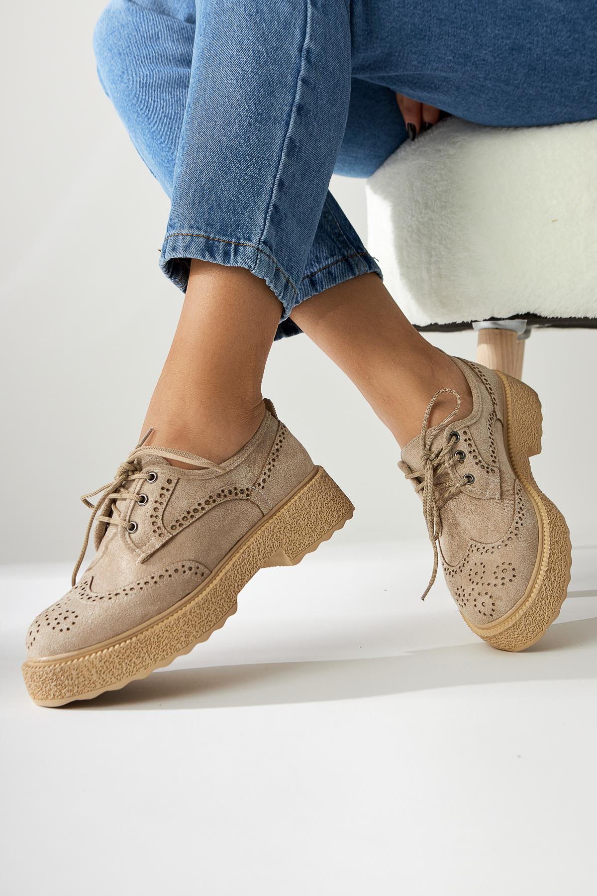 Rossy Nude Suede Round Toe Laser Cut Casual Shoes