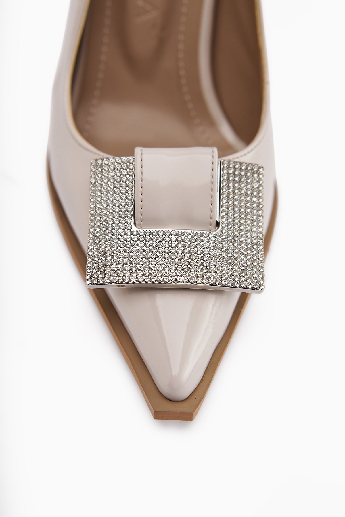 Merisa Beige Patent Leather Embellished Women's Stiletto Shoes