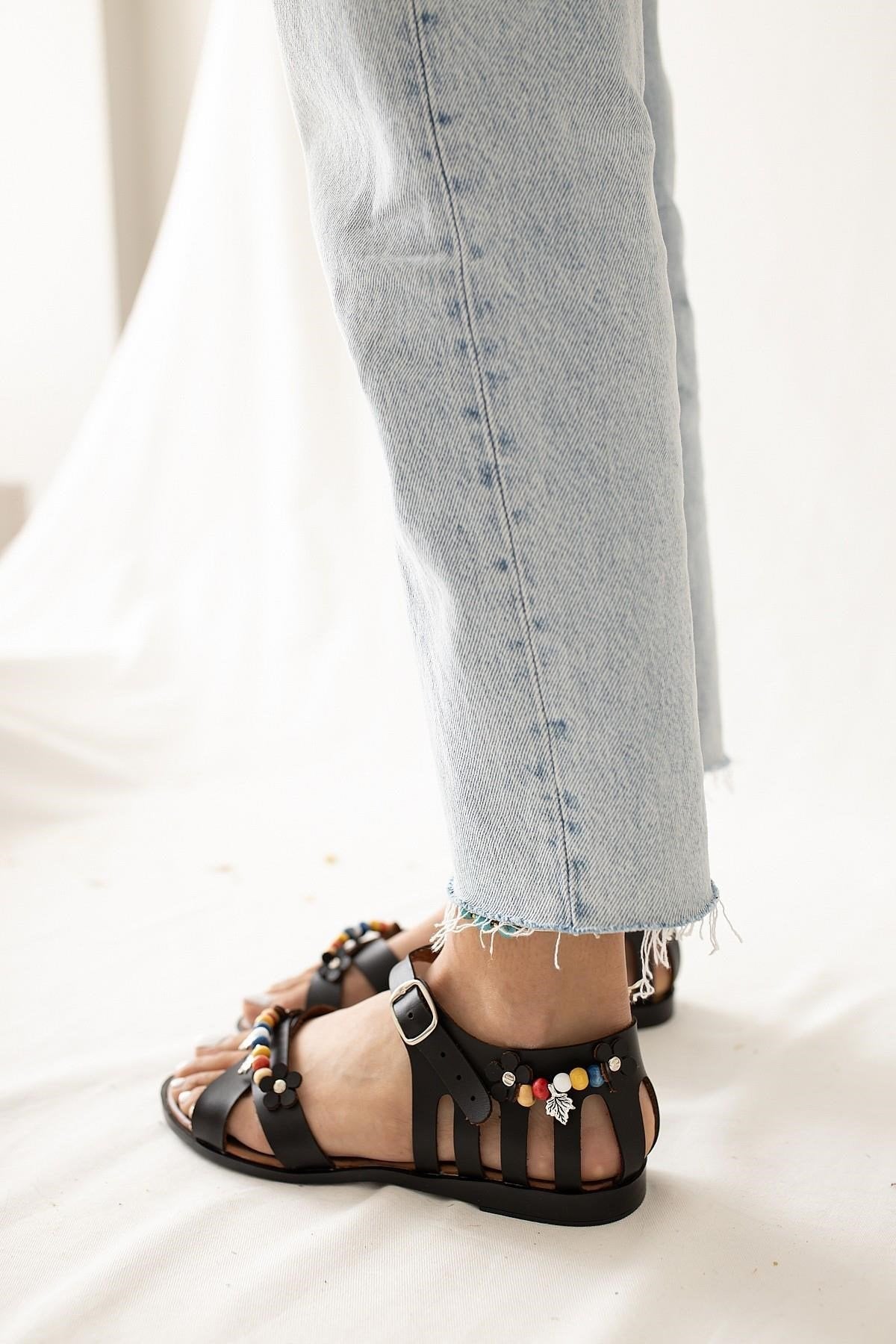 Alize Genuine Leather Black Sandals with Bead and Leaf Details