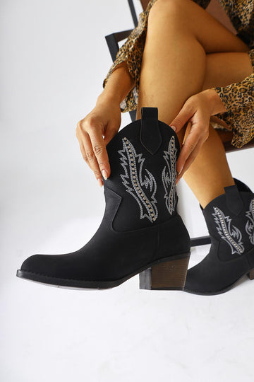 Fiza Black Pointed Toe Embroidered Studded Women’s Boots