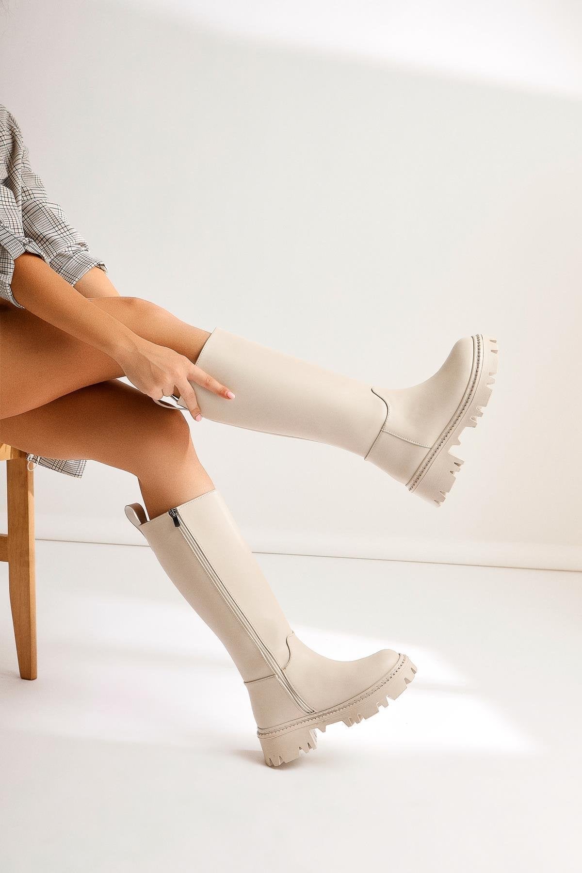 Escada – Beige Thick-Sole Zippered Knee-High Boot (Women)