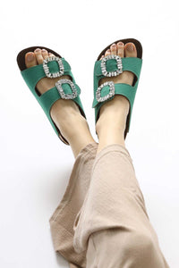 Brisa Green Suede Stone Detailed Buckled Double Strap Slippers