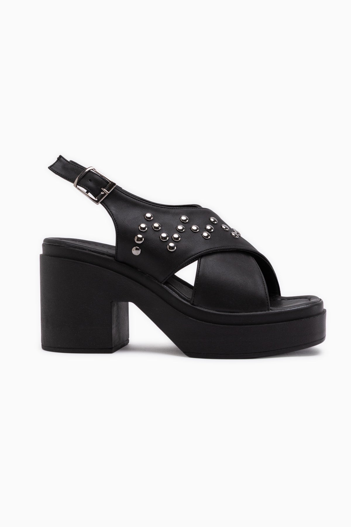 Dorela Black Studded Cross Strap Thick Band Women’s Sandal