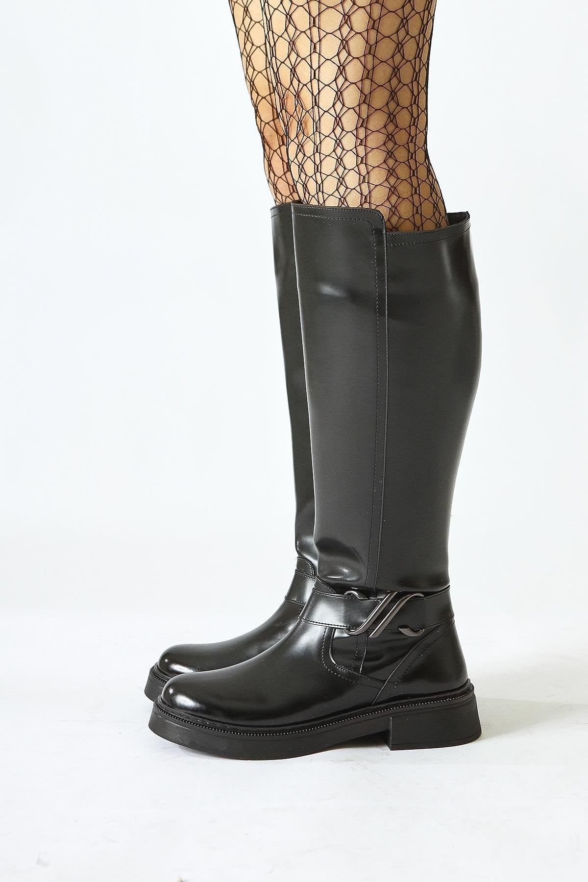 Birgita Black Patent Zip-Up Boots with Buckle Detail