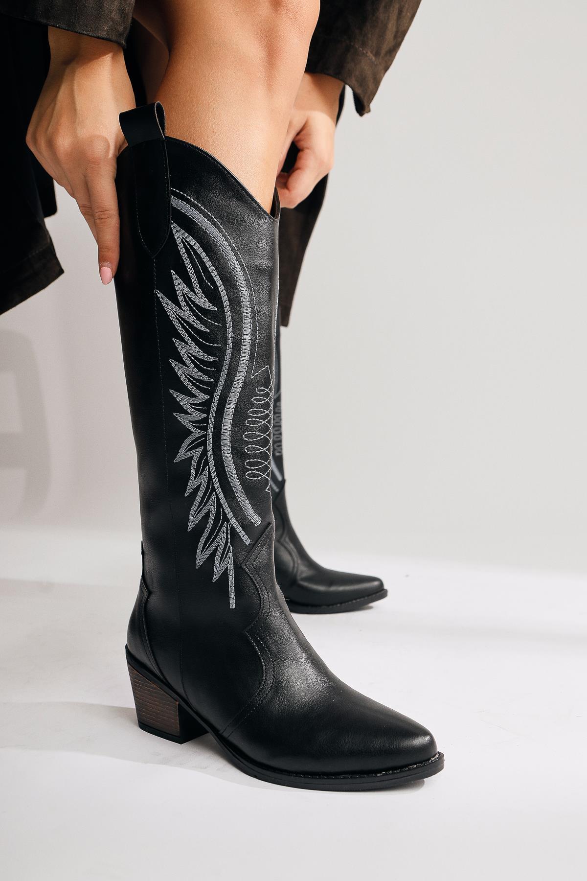 Hero Black Embroidered Cowboy Boot