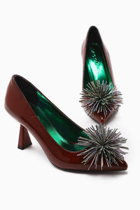 Choi Burgundy Patent Pointed Toe Stone Detailed Women’s Heeled Shoes
