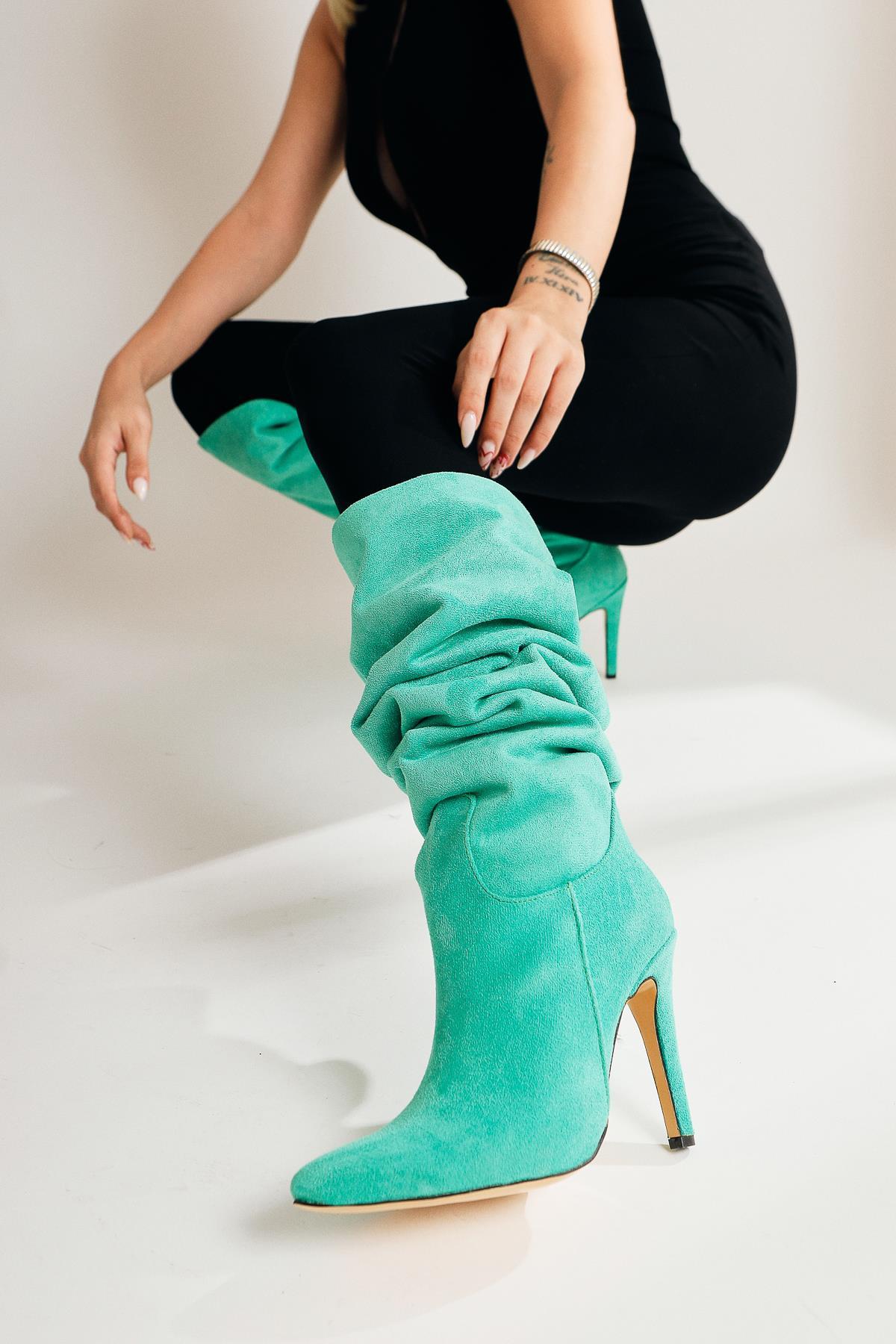 Nenya – Green Suede Pattern Pointed-Toe Slim Heel Over-The-Knee Boot (Women)
