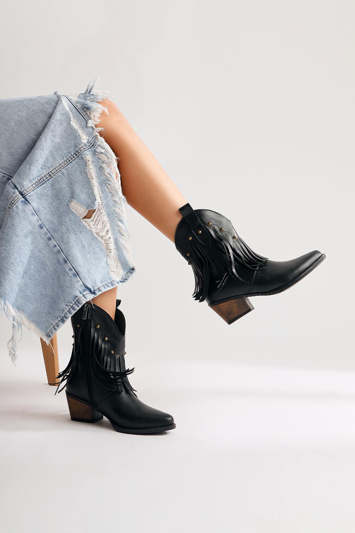 Lillebeth – Black Fringed Stud-Detail Western Boot (Women)
